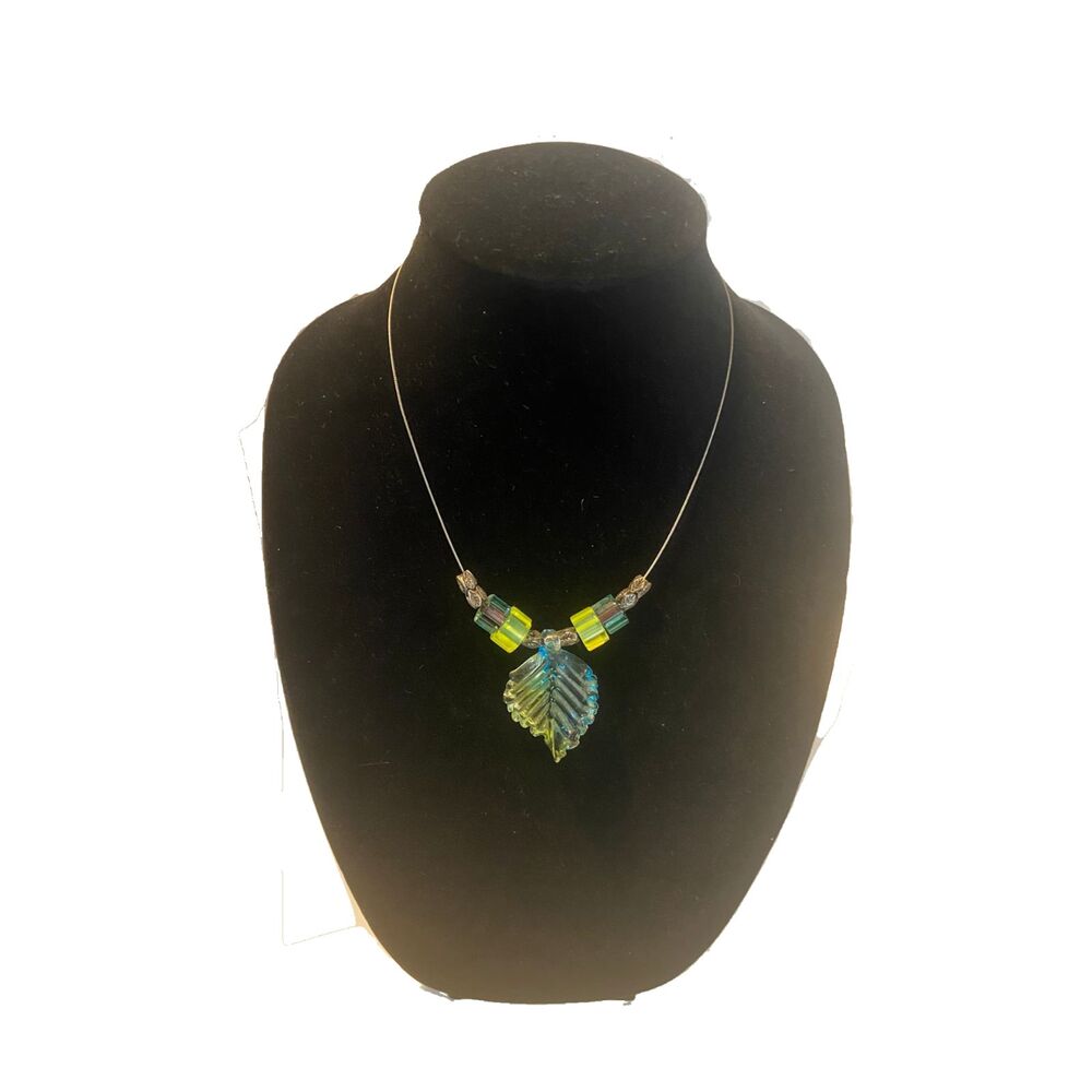 Handmade Art Glass Leaf Necklace Blue Green Beaded Wire 18” Magnetic Clasp